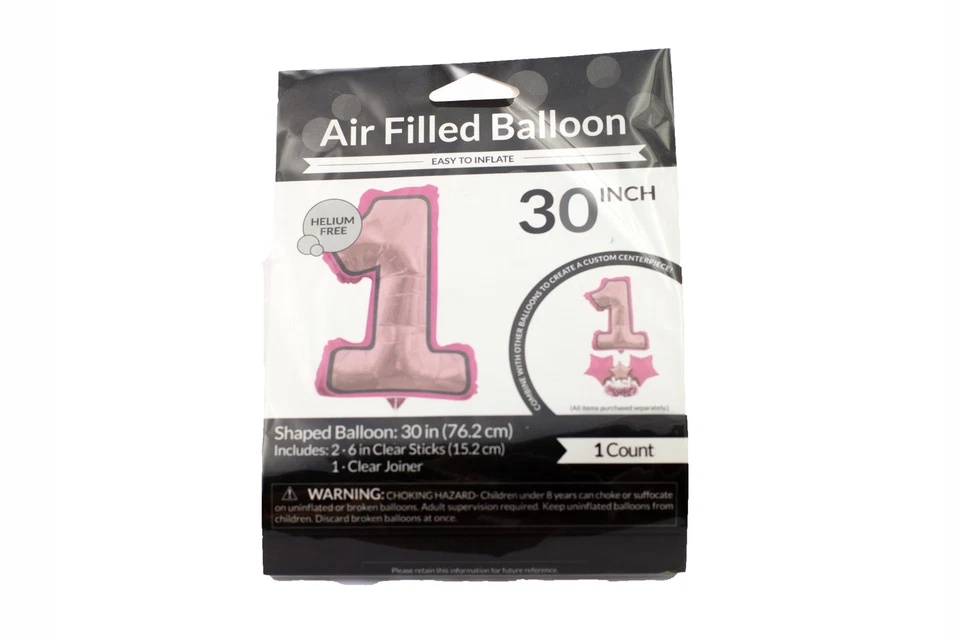 XL 30" Pink Number 1 Air Filled Balloon Birthday Party Supplies - Image 3 of 3