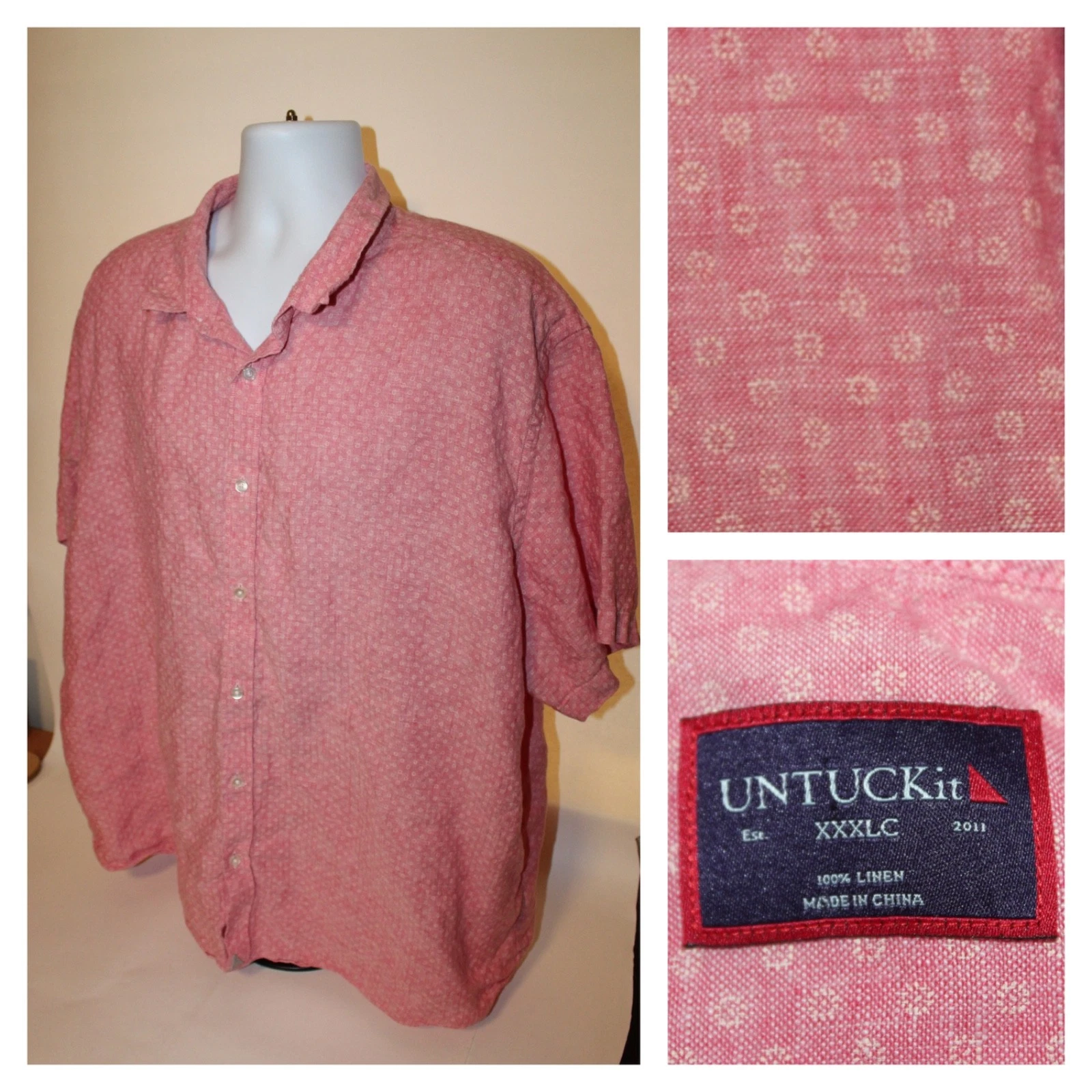 UNTUCKit Mens Size 3XL C 100% Linen Short Sleeve Button Shirt Pink Geometric