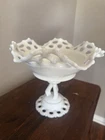 Vintage White Milk Glass Pedestal Compote Bowl Lace Edge Pierced Rim