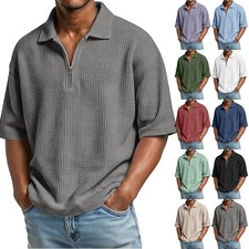 Men's Waffle-Weave Short-Sleeved Shirts Summer Solid Color Lapel Polo Shirt T-Sh