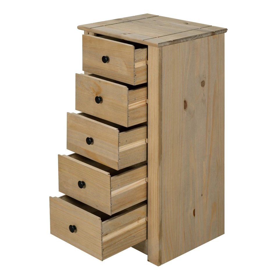Panama Chest of Drawers 5 Drawer Tall Narrow Solid Pine Wood Waxed Oak Finish - Image 2 of 4
