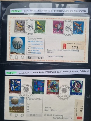 Switzerland 1969-70 Balloon Mail 2 FDC registered covers Birds +PRO PATRIA