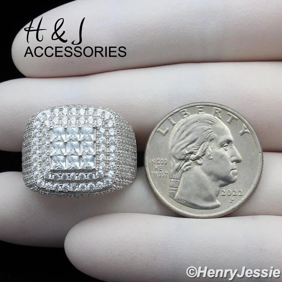 МУЖСКИЕ ТВЕРДОЕ СЕРЕБРО 925 ПРОБЫ ЛЕДЯНОЙ БЛЕСТЯЩИЙ БАГЕТ CZ ХИП-ХОП 3D КВАДРАТНОЕ КОЛЬЦО * SR190 - Изображение 4 из 4