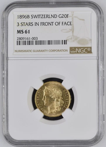 1896B Switzerland Gold 20 Francs KM-31 NGC MS-61 (**3 Stars in front of face**)