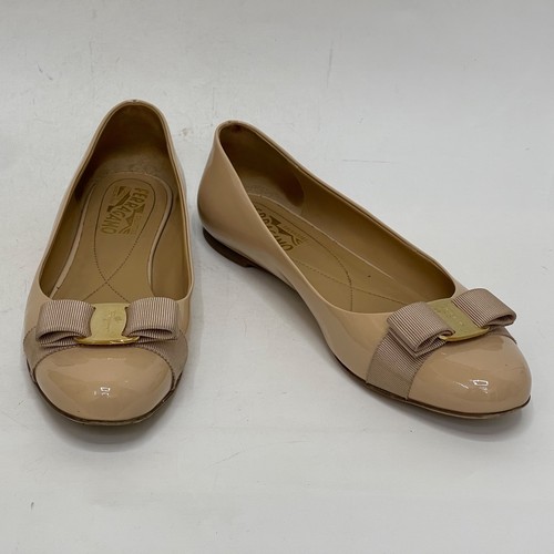 Salvatore Ferragamo Beige Ballet Flats Patent Leather Bow Casual Mocassins US8.5 - Picture 2 of 6