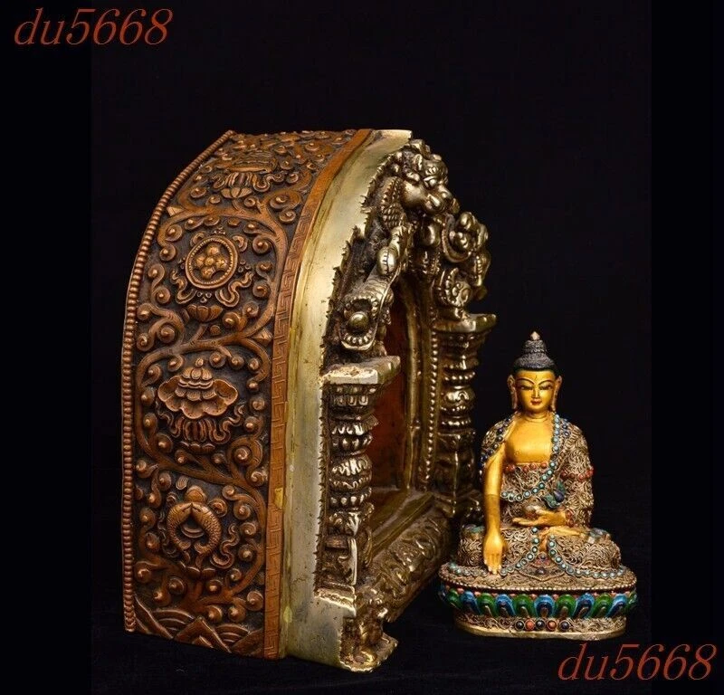 10" Tibetano púrpura cobre incrustación gema Sakyamuni Shakya Mani altares budistas estatua Foto 4 de 4