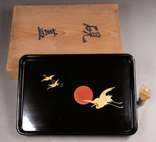 Vintage Japanese Lacquerware Wooden Tray Gold Cranes Pattern Tea Ceremony Tool