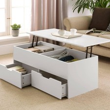 White Wooden Coffee Table With Lift Up Top and 2 Large Storage Drawers Bruges