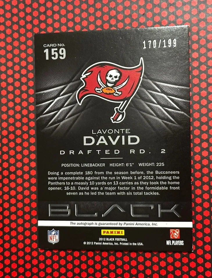 2012 Panini Black Lavonte David #159 Rookie Signatures /199 Bucs - Image 4 of 4