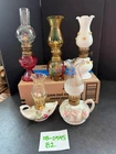 Lot of 5 Vintage Miniature Oil Lamps Glass Porcelain Japan Ruby Milk Glass Compl