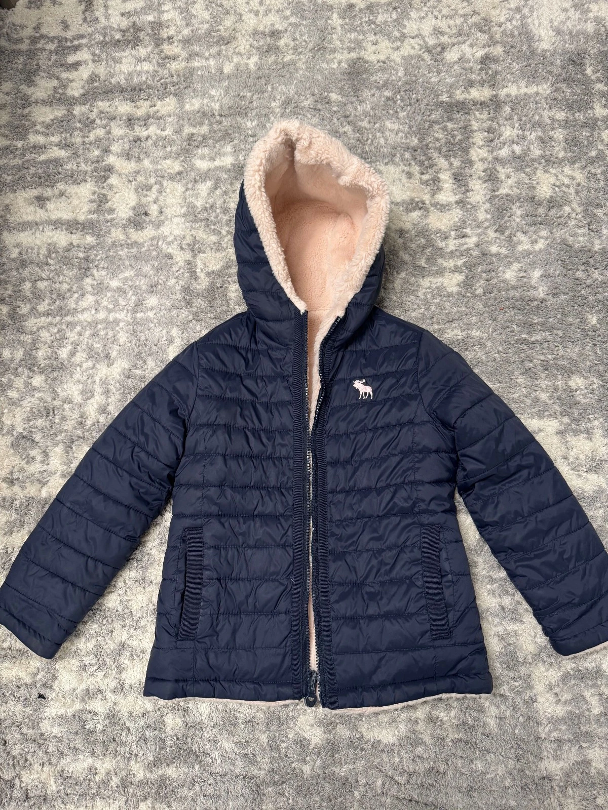 Abercrombie Kids Size 5/6 Navy Puffer Jacket Sherpa Lined Hood Winter Coat