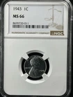 1943 1C  Lincoln Wheat One Cent NGC MS66   8699720-011
