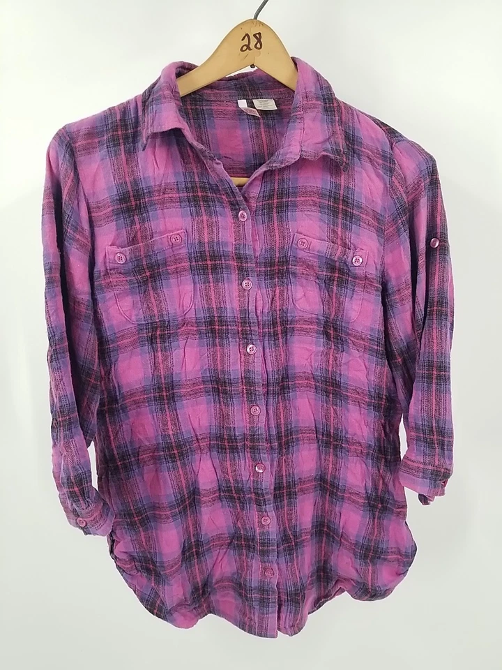 Camisa de franela a cuadros manga 3/4 abotonada informal Bongo XL para mujer Foto 4 de 4