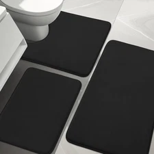 3 Piece Memory Foam Bath Mat Set, Black, Non-Slip, Absorbent, Soft, Washable