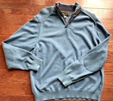 Tasso Elba Men's Sweater Large Cotton Pullover Quarter-Zip Blue Elbow Patches
