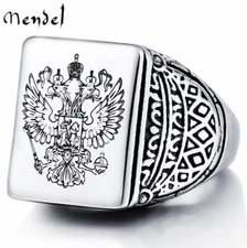 MENDEL Mens Stainless Steel Russian Double Headed Eagle Signet St George Ring