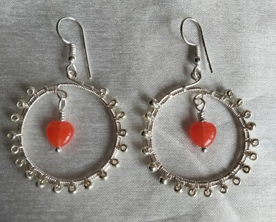 Czech Glass Heart, Silver Plated Copper Wirework Earrings, Unique
