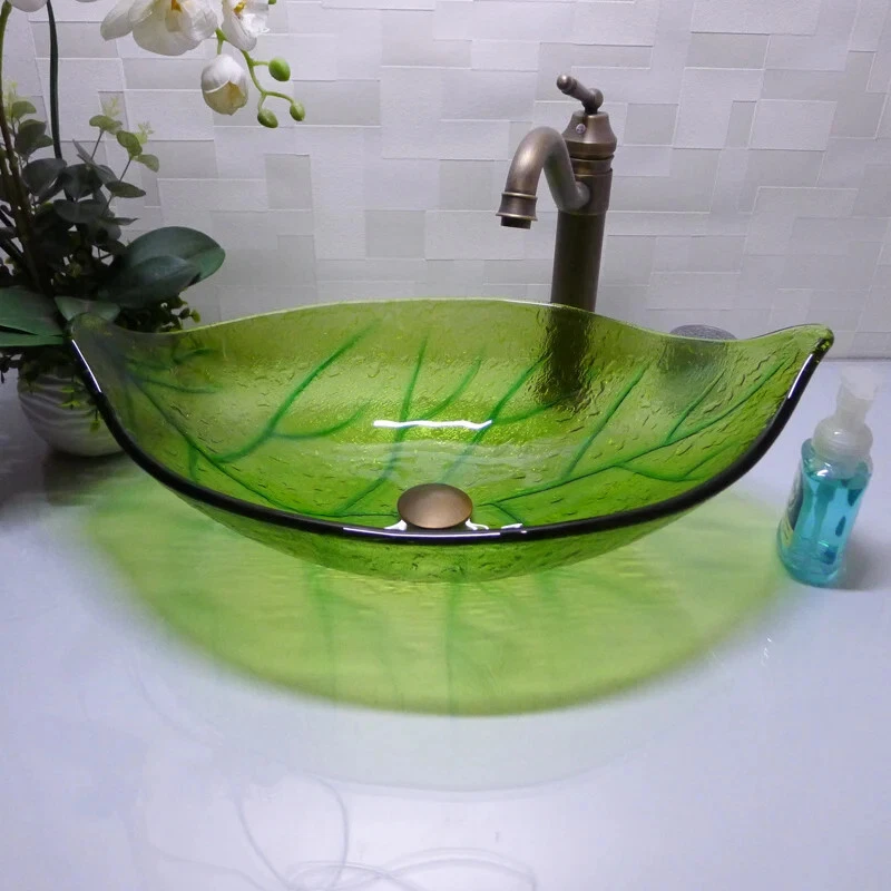 Leaf Shape Cloakroom Tempered Glass Basin Bathroom Green Counter Top Sink HX015 - Image 3 of 4
