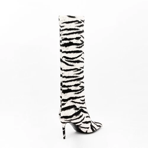 Scarpe stivali al ginocchio donna nuovi alla moda punta stampa tigre tacco alto - Foto 12 di 17