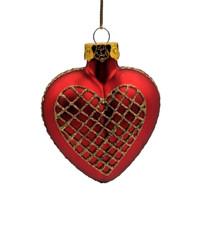 Red Heart Shaped Ornament with Gold Glitter Net Design