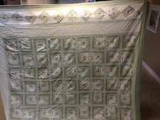 Vintage Pale Green Floral Patchwork Checkered Quilt 118' x 120'