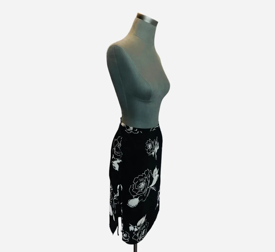 NWT Dana Buchman Black Cream Floral Silk Asymmetrical Midi Skirt Size 10 Vintage - Image 3 of 4