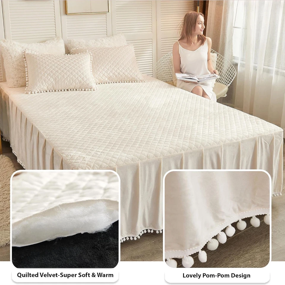 Бархатная юбка для кровати с помпонами, 18» падение, полный/королева, бежевый - Изображение 4 из 4