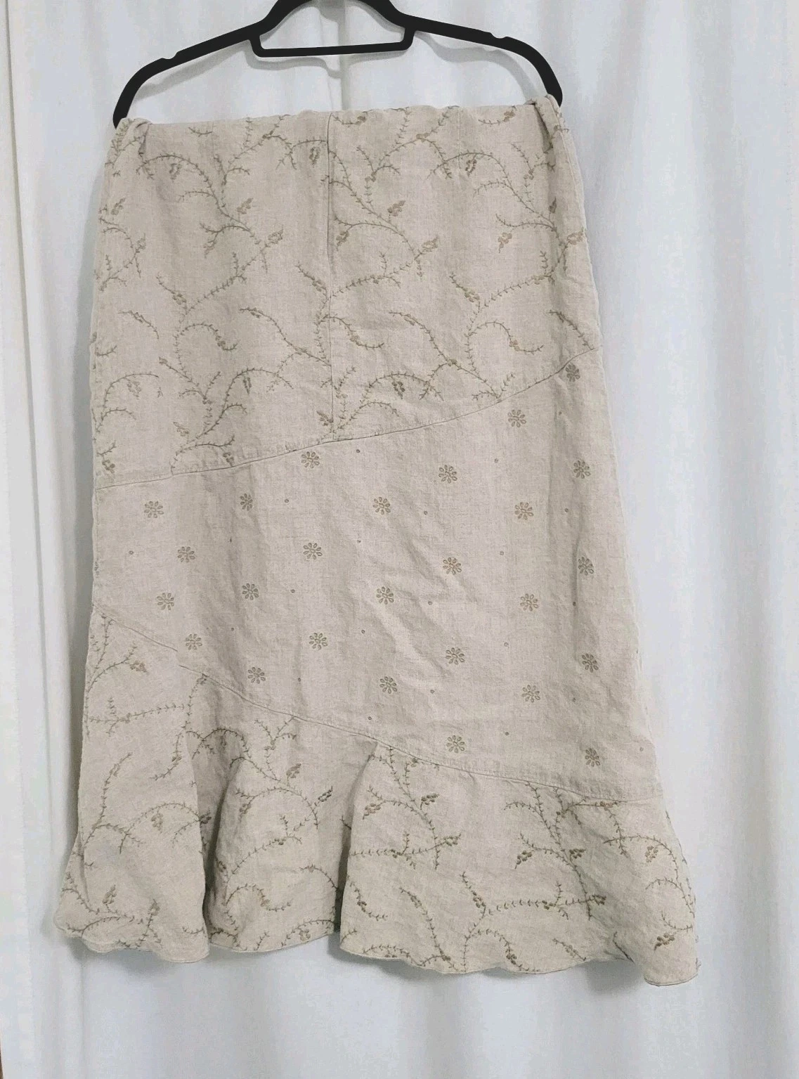 J Jill Linen Skirt Size M Embroidered Beige Prairie Cottagecore Artsy Lagenlook