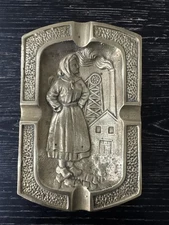 Brass Ashtray, 1945 France Depose w/ Relief of Lady Factory Worker 6.5”x5” PO-Ex