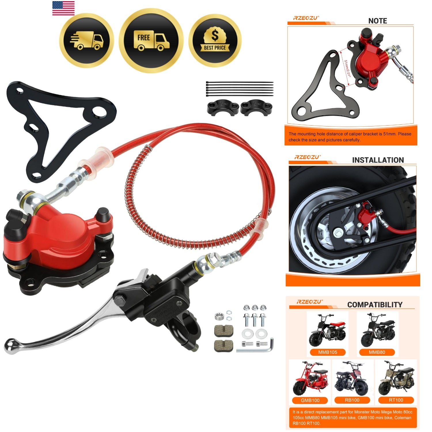 Mini Bike Hydraulic Brake Kit with Rear Caliper Mounting Bra