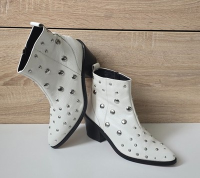 Kurt Geiger London Leder Stiefeletten Western Biker Boots Nieten Weiß Gr. 6 = 39