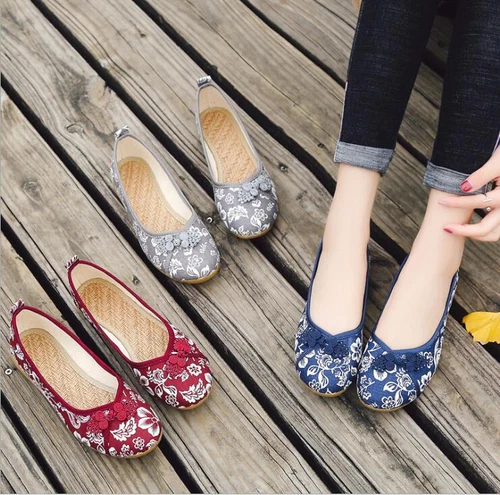 Women Chinese Folk Embroidered Flat Shoes Floral Mary Jane Sandals Shoes Comfort - Picture 2 of 20