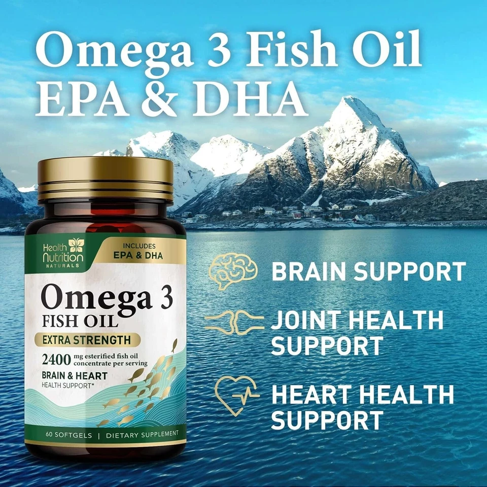 Cápsulas blandas de aceite de pescado Omega 3 fuerza extra 2400 mg EPA y DHA salud del corazón y el cerebro Foto 3 de 4