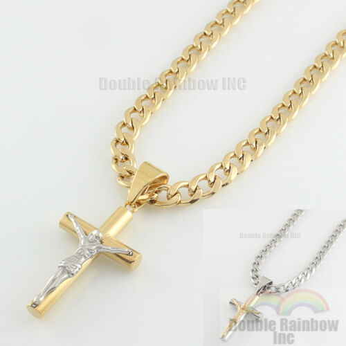 Mens stainless steel Gold Silver Plated cuban jesus cross pendant necklace chain - Picture 1 of 15