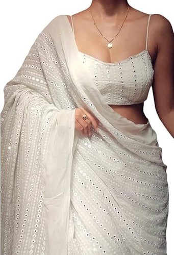 Women's Georgette Saree Fully Thread Sequence Work Saree With Blouse - Picture 14 of 17