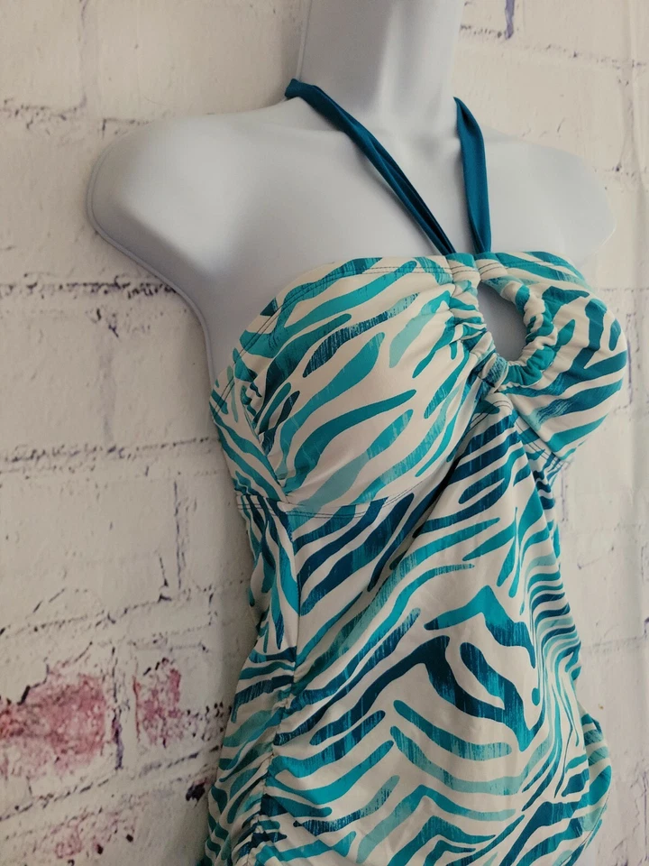 Maiô Dana Buchman regata somente estampa de animal azul tamanho 8 buraco na fechadura Halter - Imagem 4 de 4