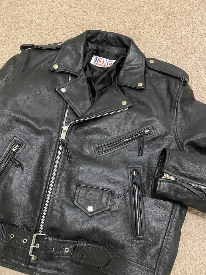 Chaqueta de motociclista vintage de 4 estrellas de cuero negro con cinturón para hombre 46 Foto 2 de 4