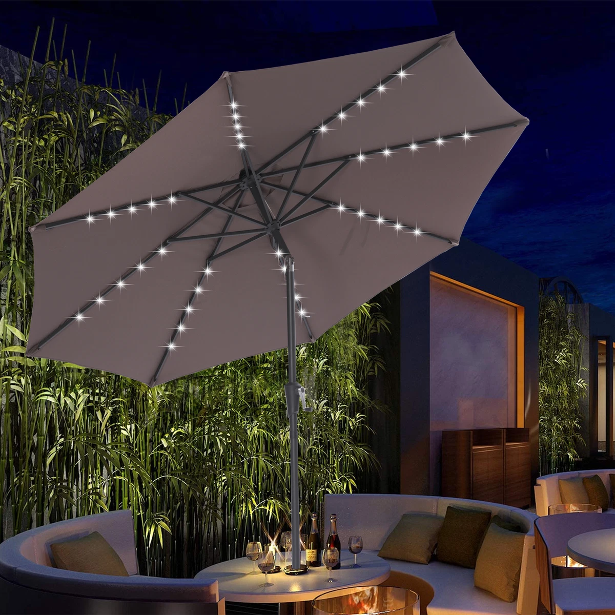 9Ft Patio Umbrella Outdoor Solar Powered LED Lighted Umbrella With Tilt And  Cran | eBay
