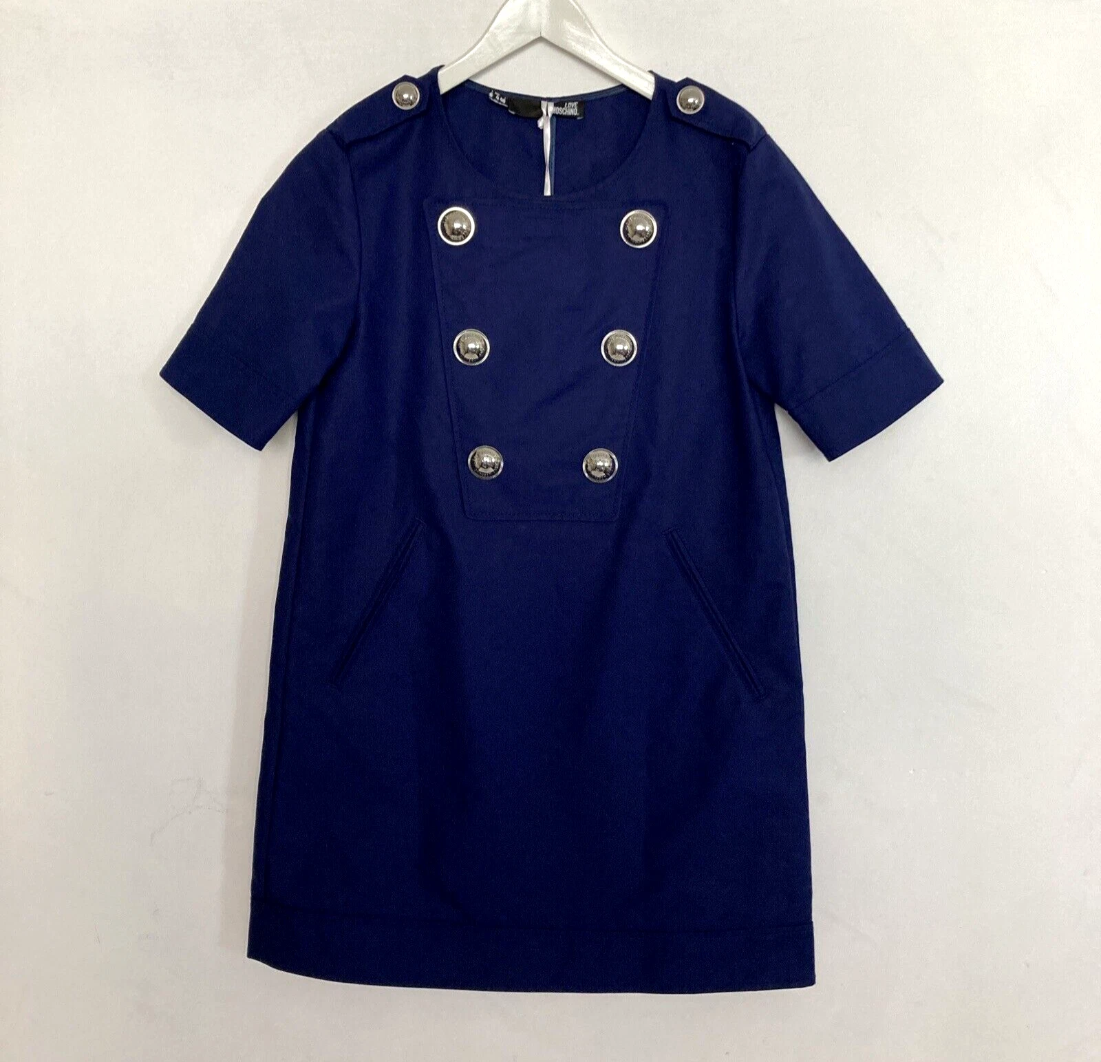 Abito Moschino Love Moschino UK 8 US 4 bottoni argento navy nuovo con etichette prezzo consigliato £ 470