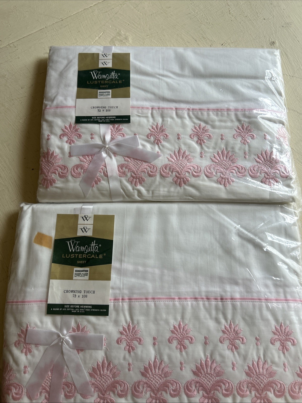 Vintage Wamsutta Lustercale Sheets – “Crowning Touch” Pattern – Pink Embroidery