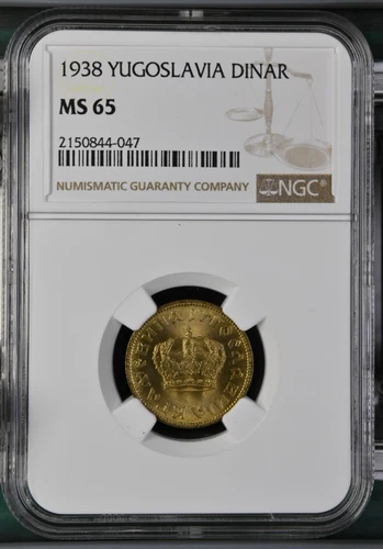 1938 Yugoslavia 1 Dinar Petar II Aluminium Bronze Coin Km 19 NGC MS65