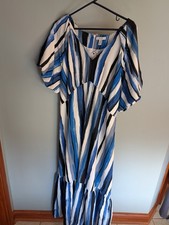 Nine West Dress Blue White  Striped Maxi Size XL Empire Waist Bishop Sleeve