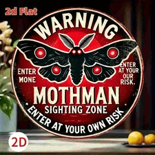 2D Flat, 8 Round Aluminum Wall Sign - Retro Mothman Humorous Warning Decor with