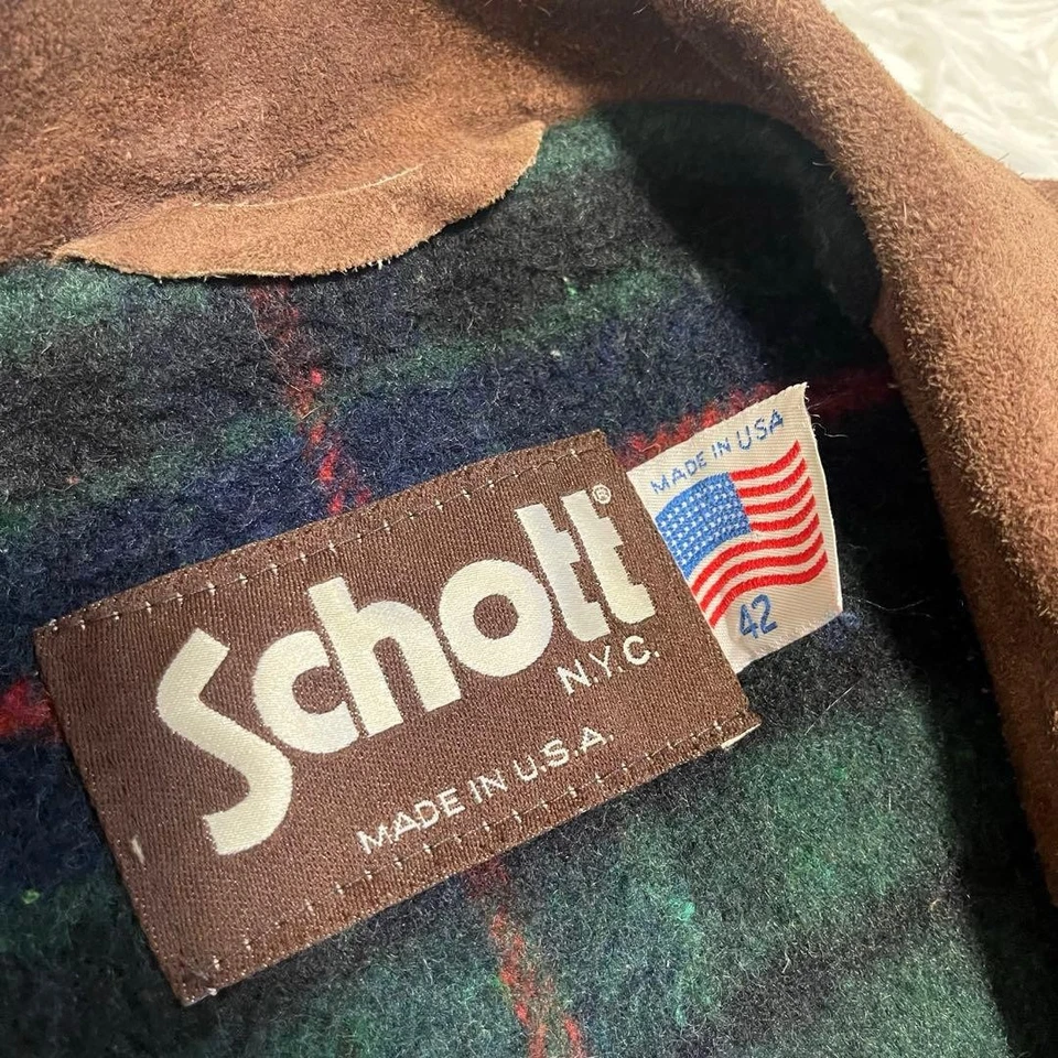SCHOTT Suede Leather Jacket Brown Green Size 42 Button USA Fashion Vintage Used - Image 2 of 4