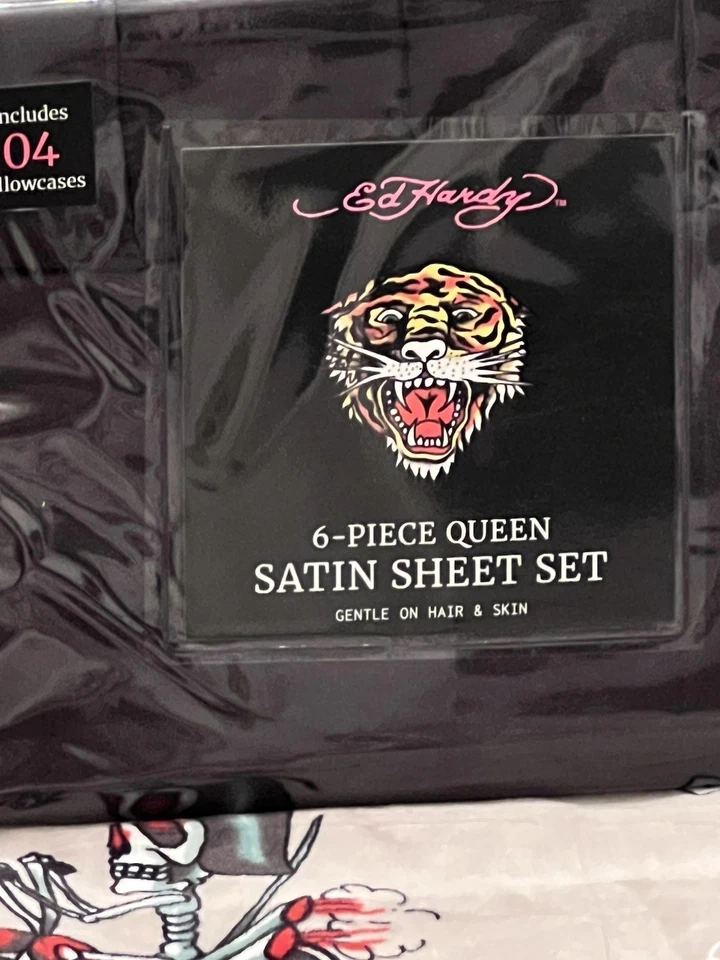 Ed Hardy 4pc Queen Faux Fur Tiger Print Comforter Set w/6pc Blk Satin Sheet Set - Image 3 of 4