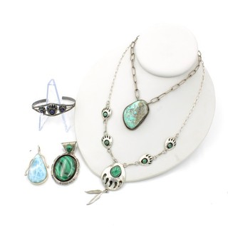 Southwest Sterling Malachite Turquoise Lapis Larimar Jewelry Lot of 5 #S4561 5