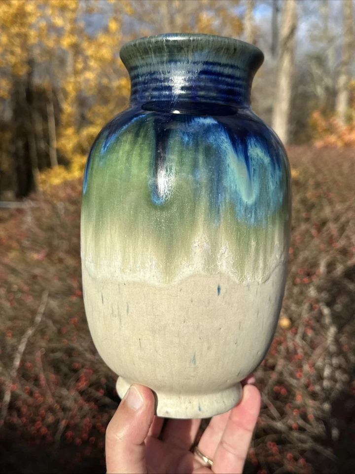 FULPER ARTS-CRAFTS POTTERY IVORY BLUE FLAMBE GREEN GLAZED VASE SHAPE #528 - Image 2 of 4