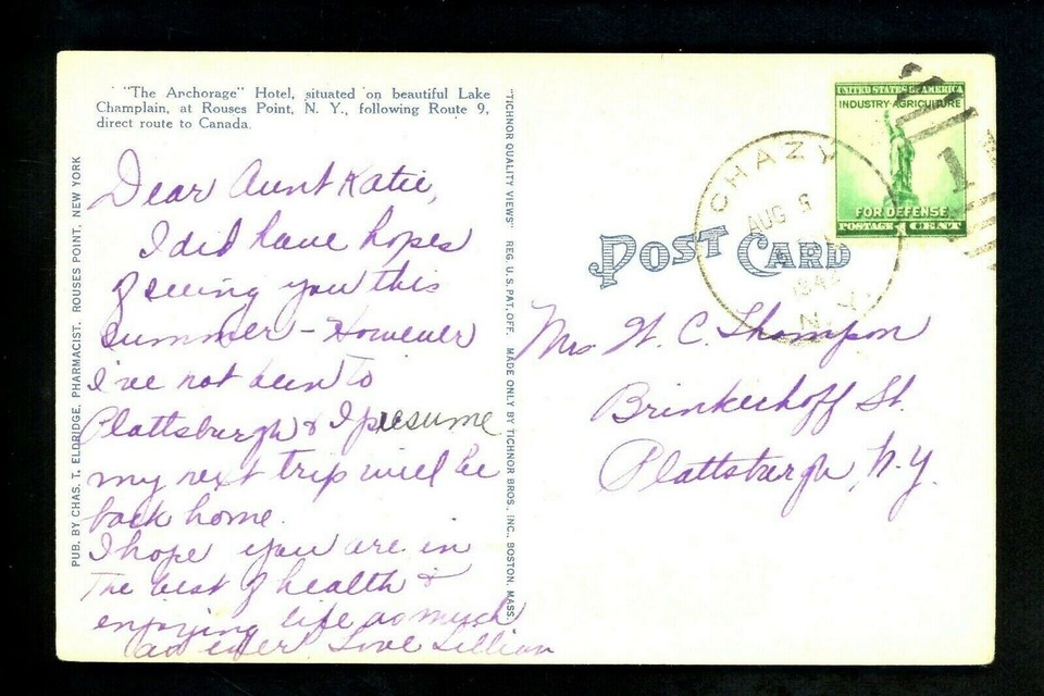 New York NY postcard Rouses Point, The Anchorage Hotel linen Tichnor | eBay