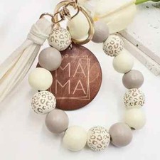 Fashion Mama Leopard Wooden Beaded Wristlet Keychain With Tassel - Beige