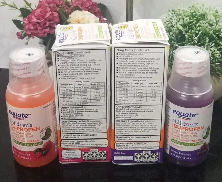 Suspensión oral de ibuprofeno para niños Equate 100 mg por 5 ml baya/uva 4 fl. Oz Foto 3 de 4